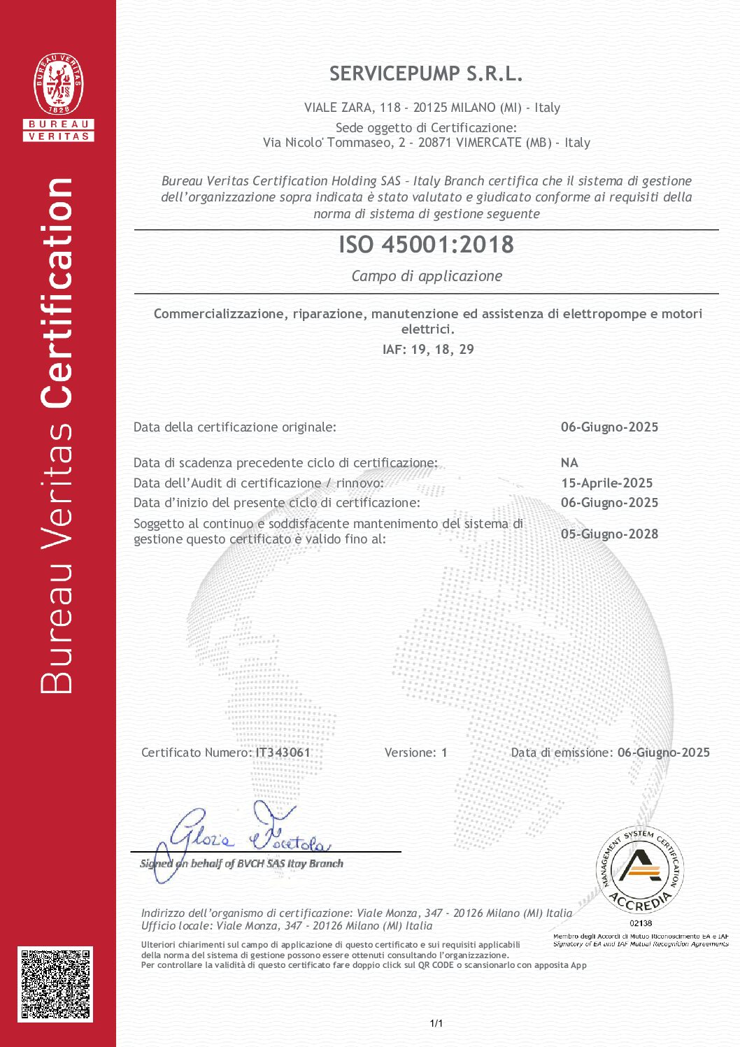 Certificate IT343061 - SERVICEPUMP S.R.L - ISO45001